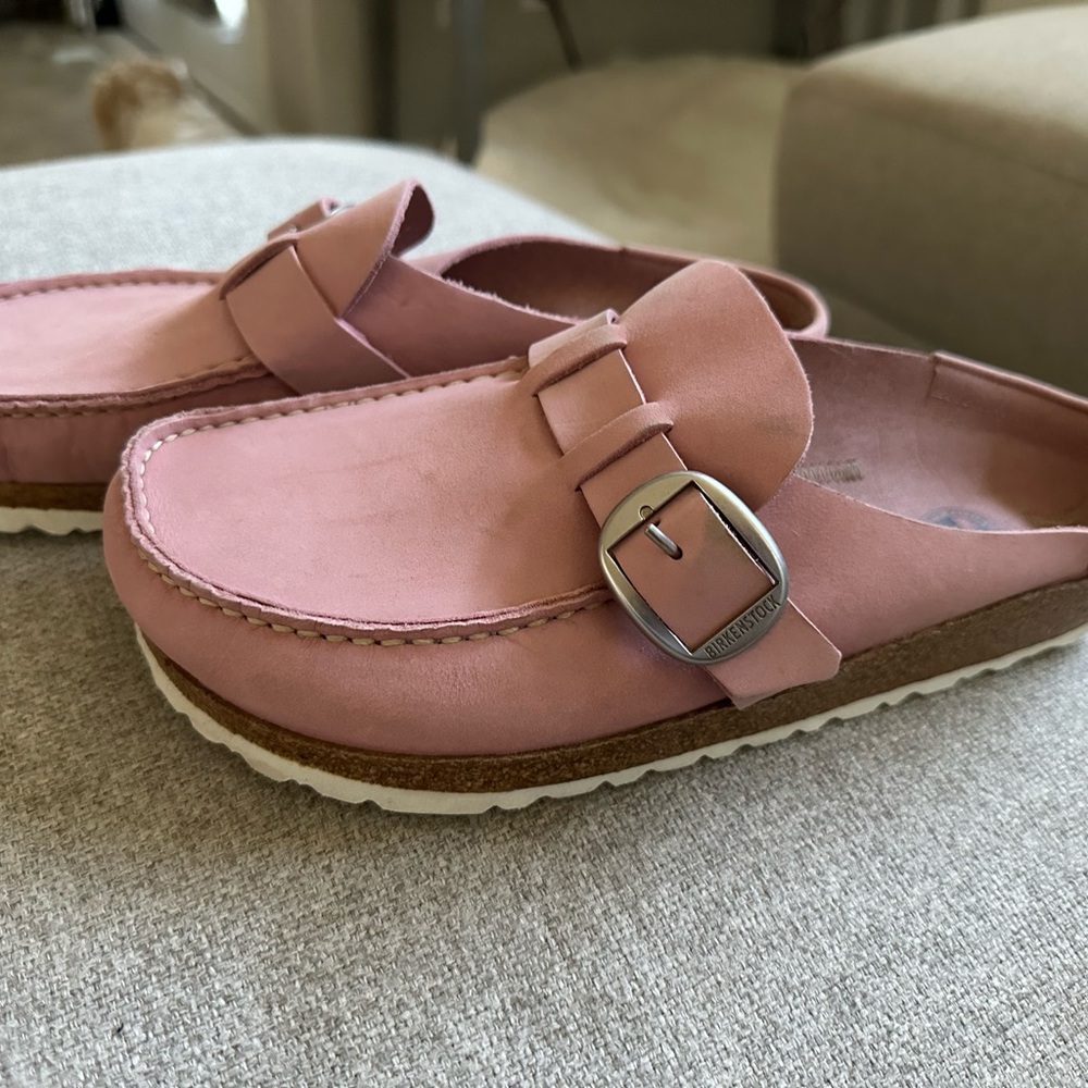Birkenstock Pink Suede Buckle Clog Flats